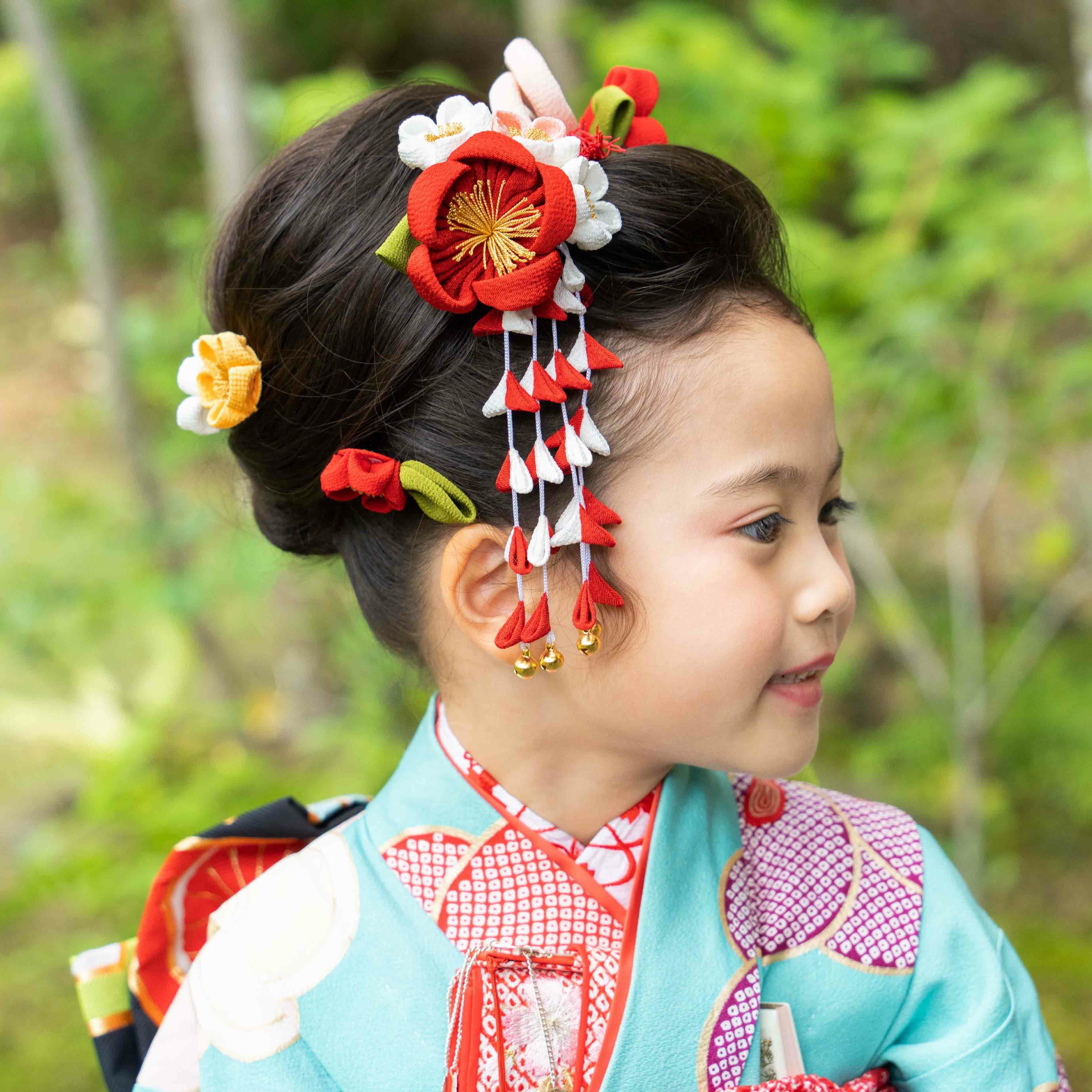 七五三髪飾り 二重梅 勝山三点セット（オレンジ） | かづら清老舗