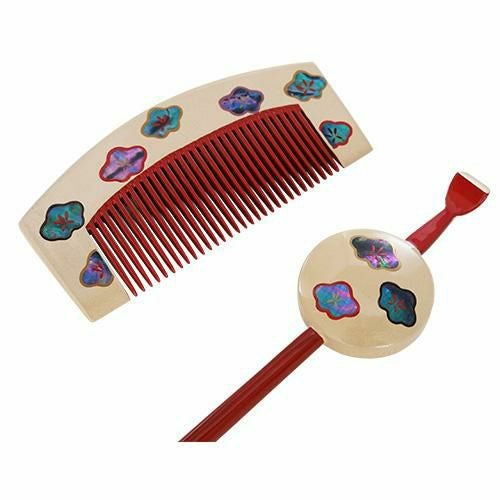 本漆純金蒔絵螺鈿かんざし 櫛・平打ちセット 白漆 梅文様 | かづら清