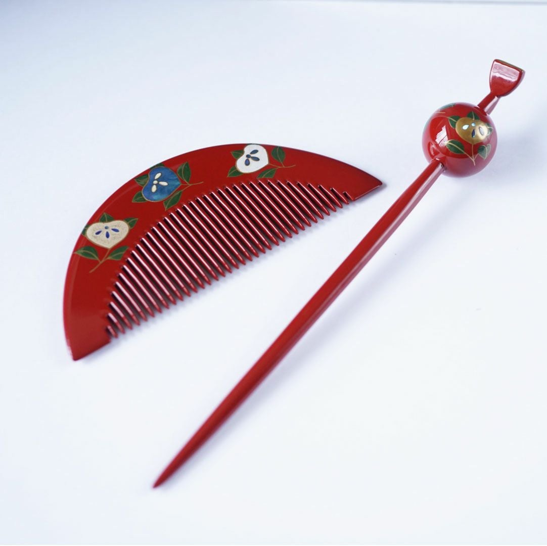 本漆純金蒔絵螺鈿かんざし 櫛・玉かんセット 橘文様（赤色） | かづら