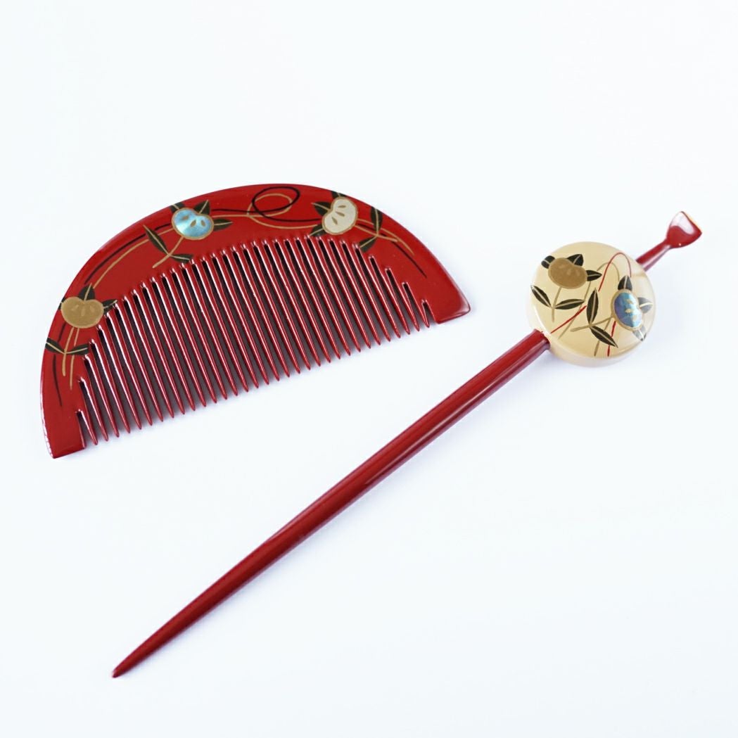 本漆純金蒔絵螺鈿 櫛・平打ちセット 橘文様 朱 | かづら清老舗