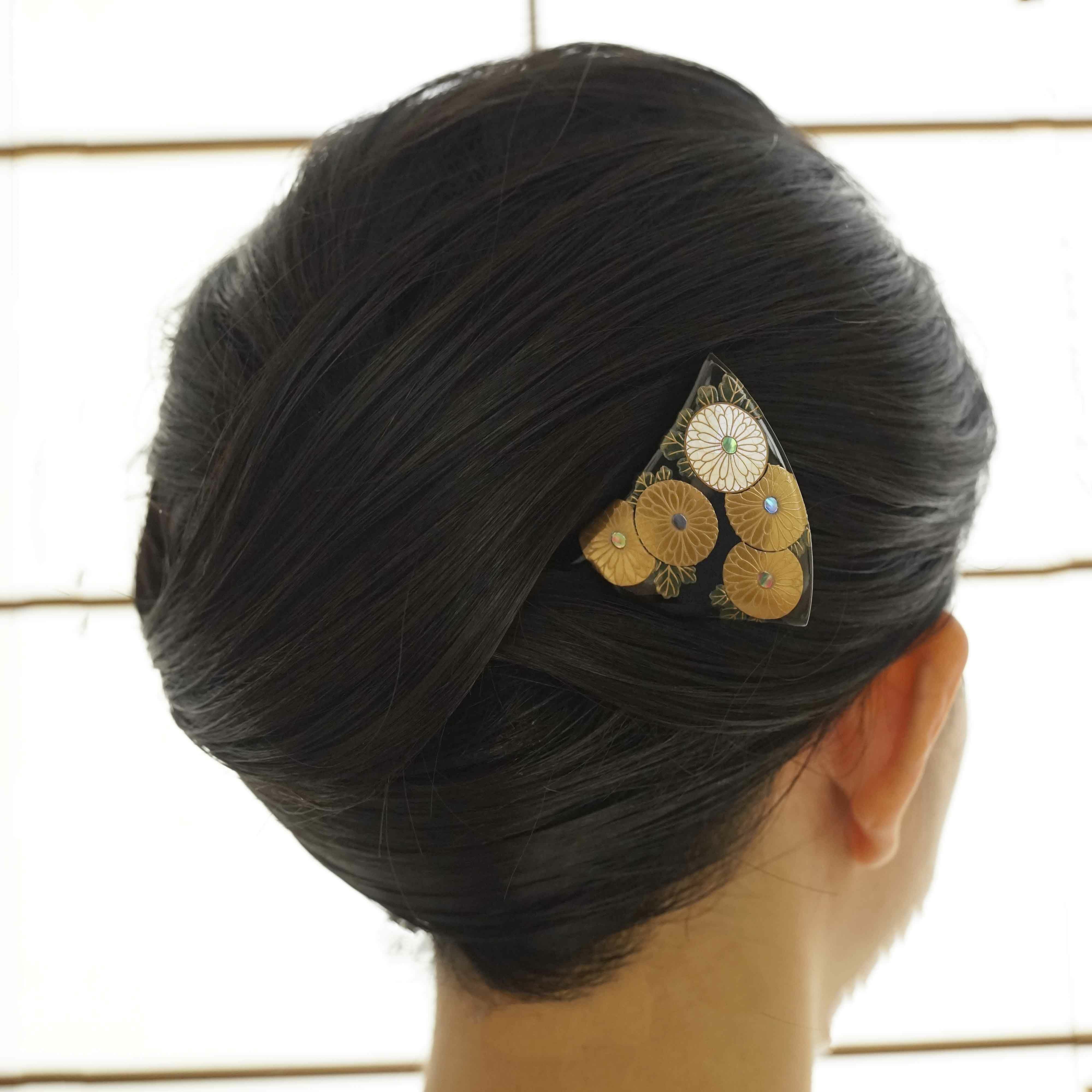 本漆純金蒔絵螺鈿かんざし 銀杏ピン 万寿菊文様 | かづら清老舗