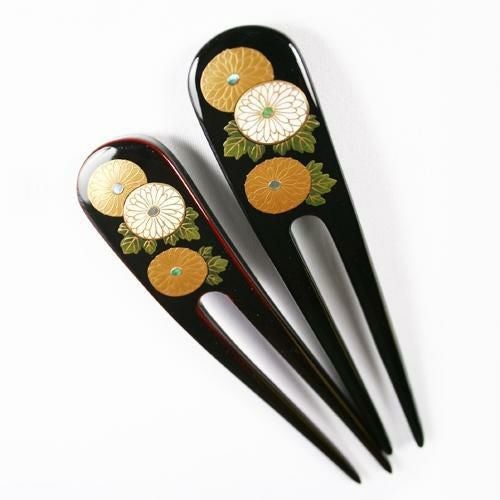 本漆純金蒔絵螺鈿かんざし 波型ピン（中） 胡蝶蘭文様 葉付き （黒