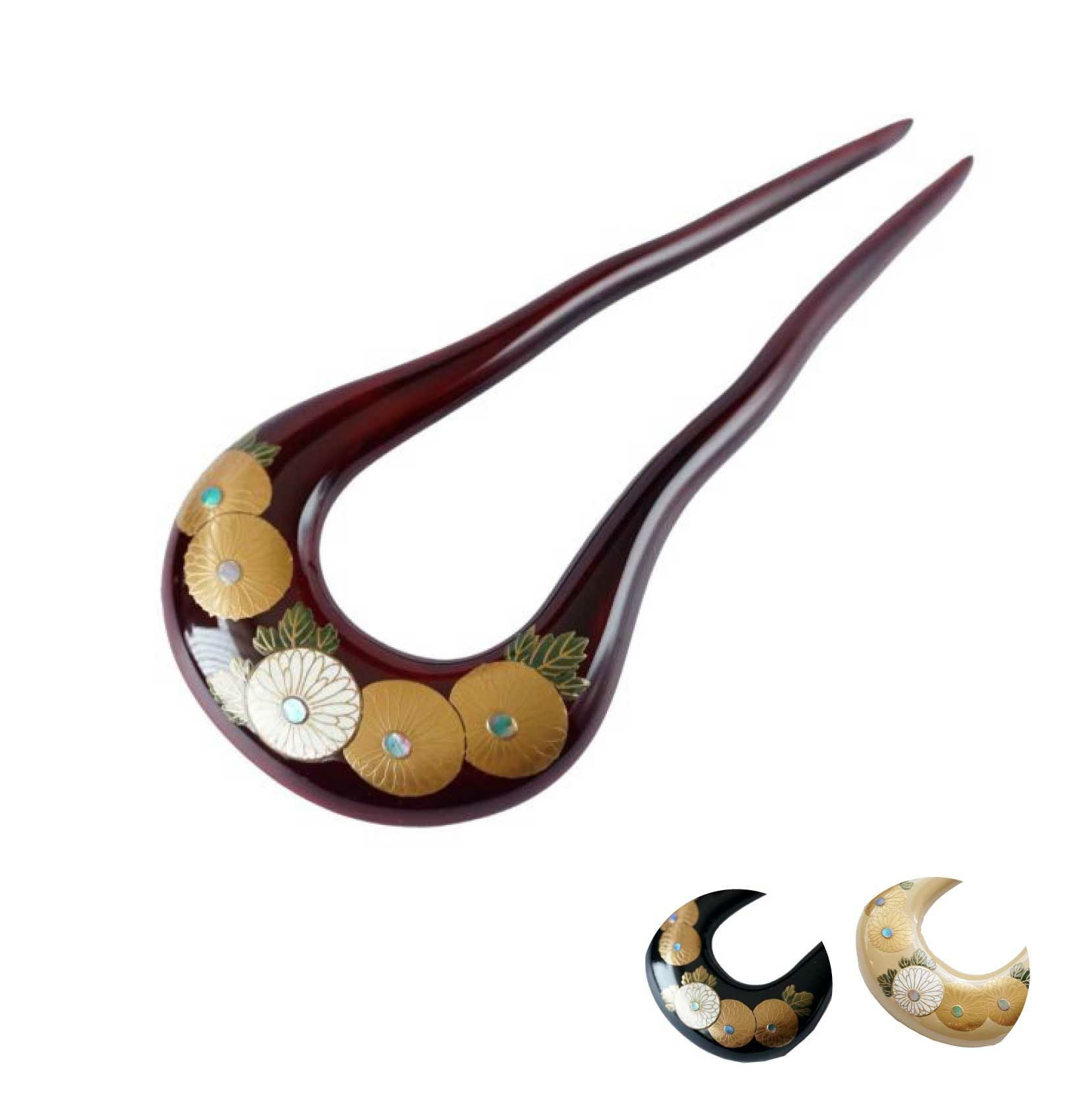 本漆純金蒔絵螺鈿かんざし 銀杏ピン 正倉院文様 | かづら清老舗