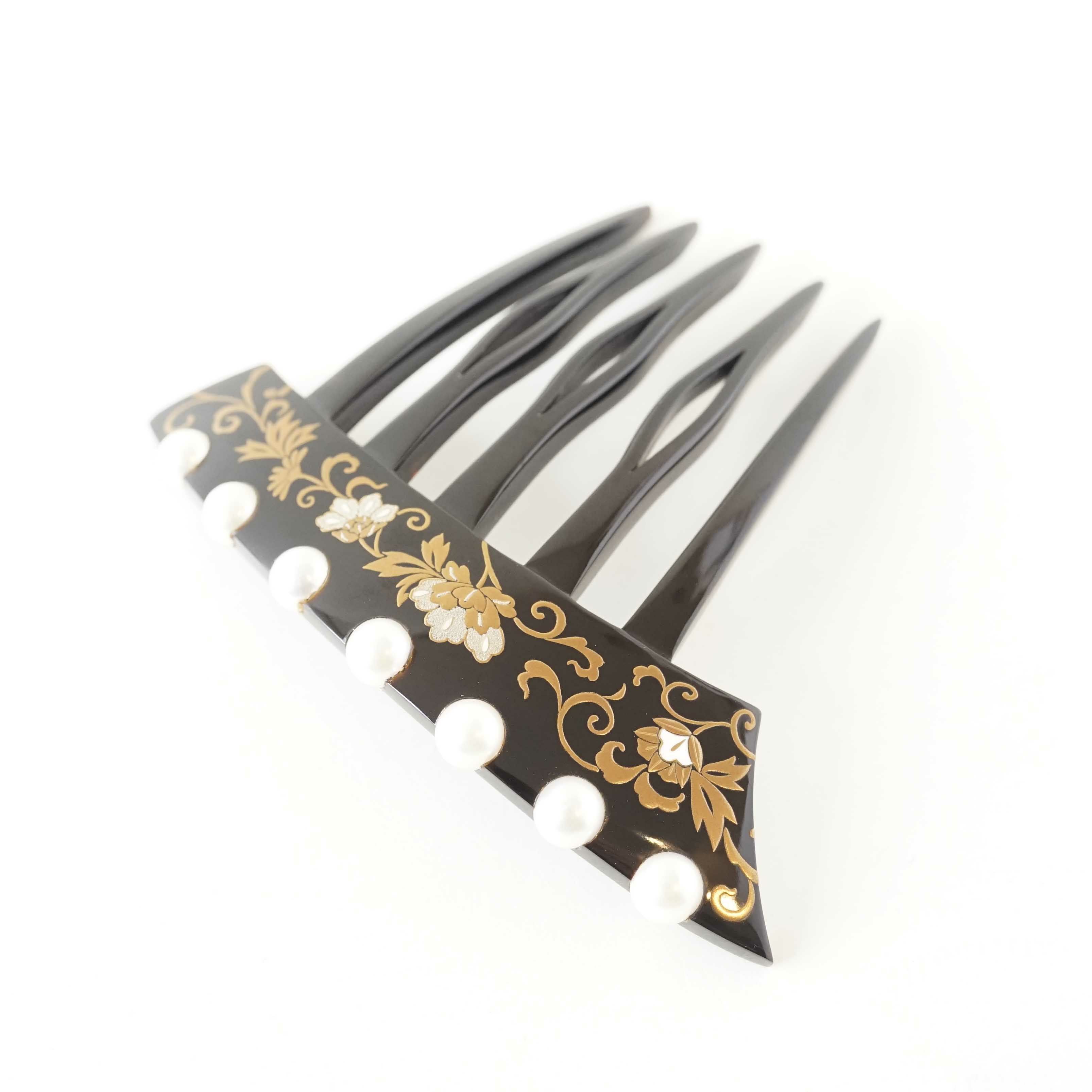 本漆純金蒔絵螺鈿かんざし 波型ピン（中） 胡蝶蘭文様 葉付き （黒