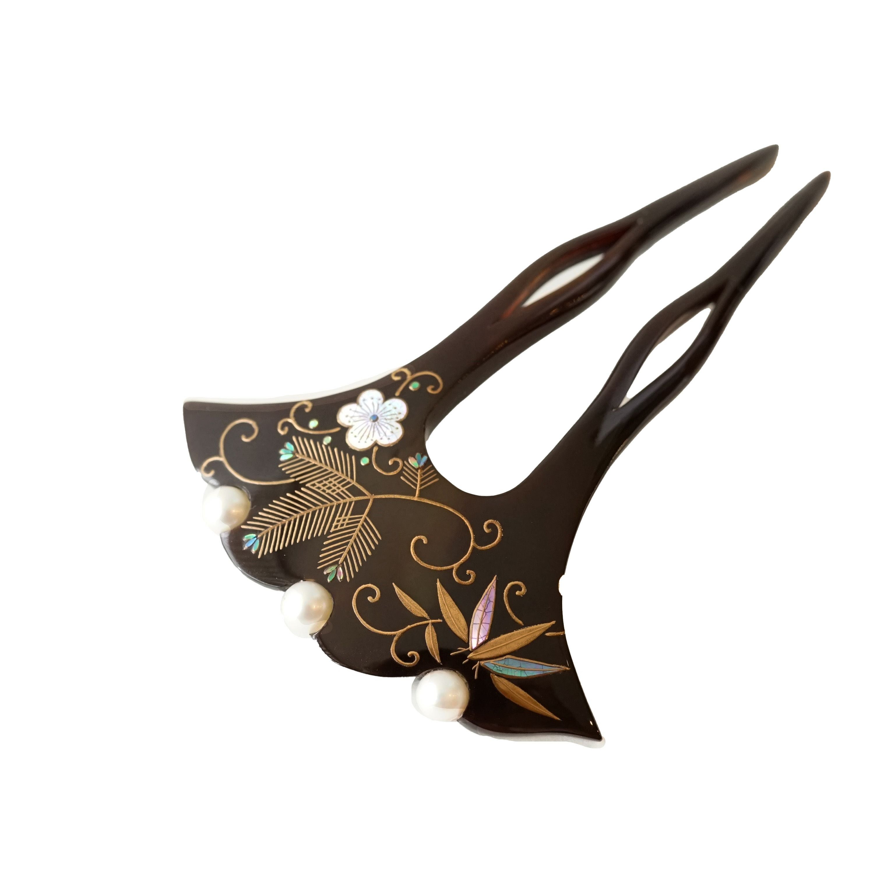 本べっ甲 純金蒔絵螺鈿かんざし 貝合わせ文様（パール付き） | かづら
