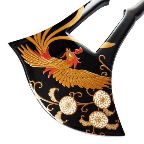 本漆純金蒔絵螺鈿かんざし 波型ピン（中） 鳳凰に菊唐草文様（黒色