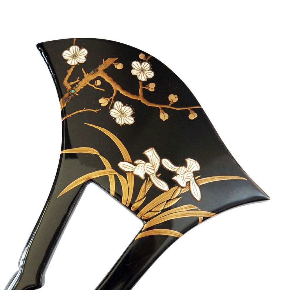 本漆純金蒔絵螺鈿かんざし 波型ピン（中） 鳳凰に菊唐草文様（黒色