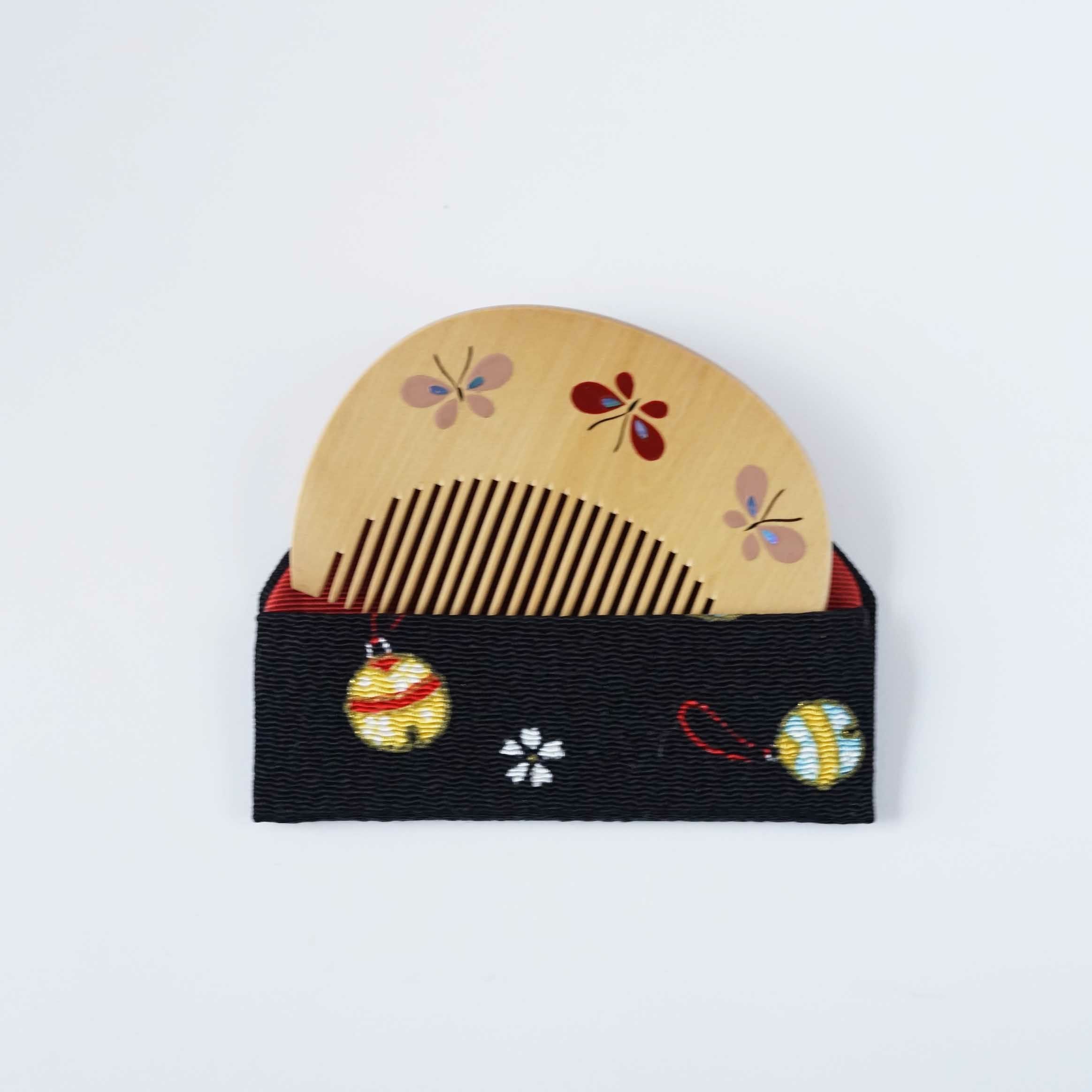 つげ櫛 本漆本蒔絵 蝶 ちりめんケース入り 小判 | かづら清老舗