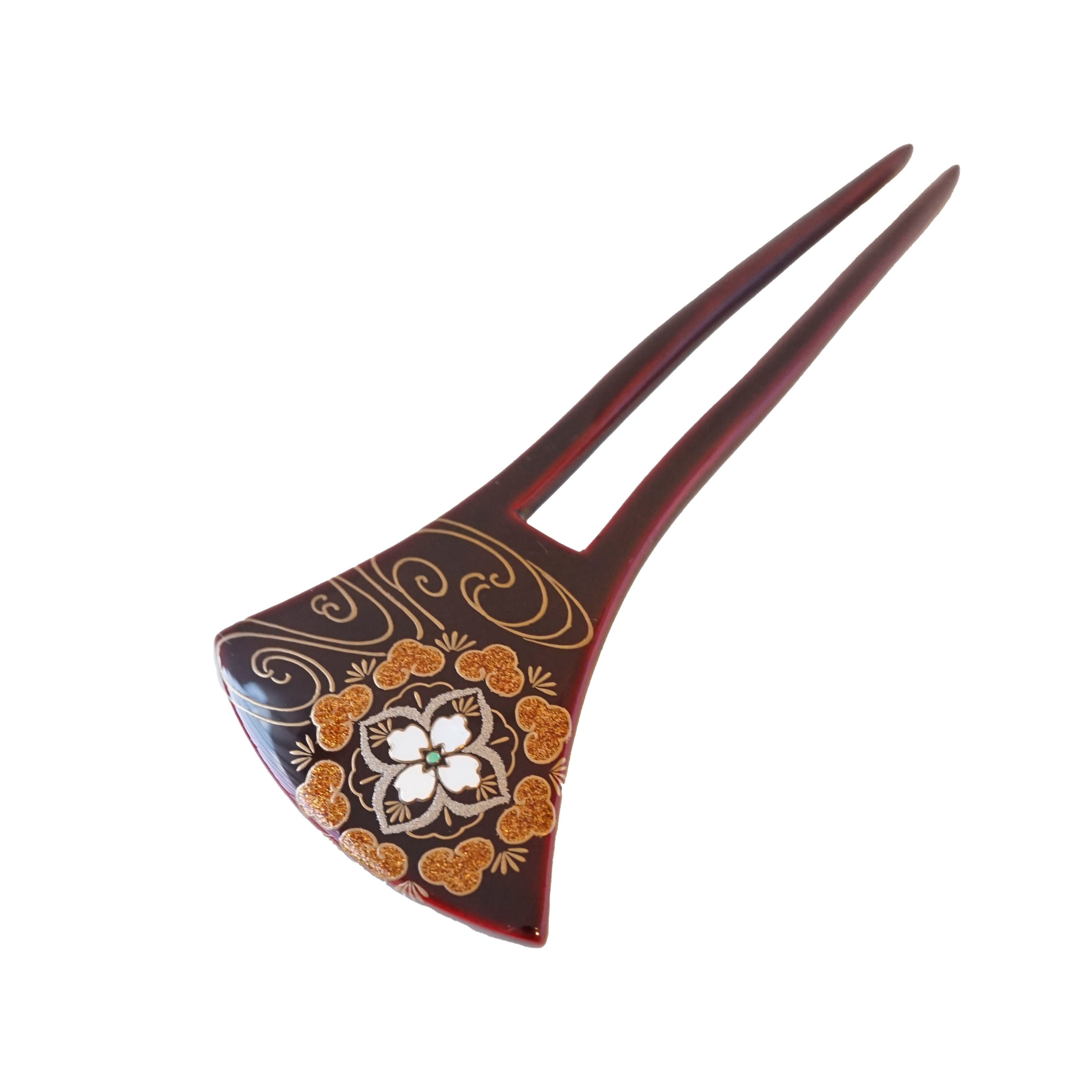 本漆純金蒔絵螺鈿かんざし 銀杏ピン 正倉院文様 | かづら清老舗