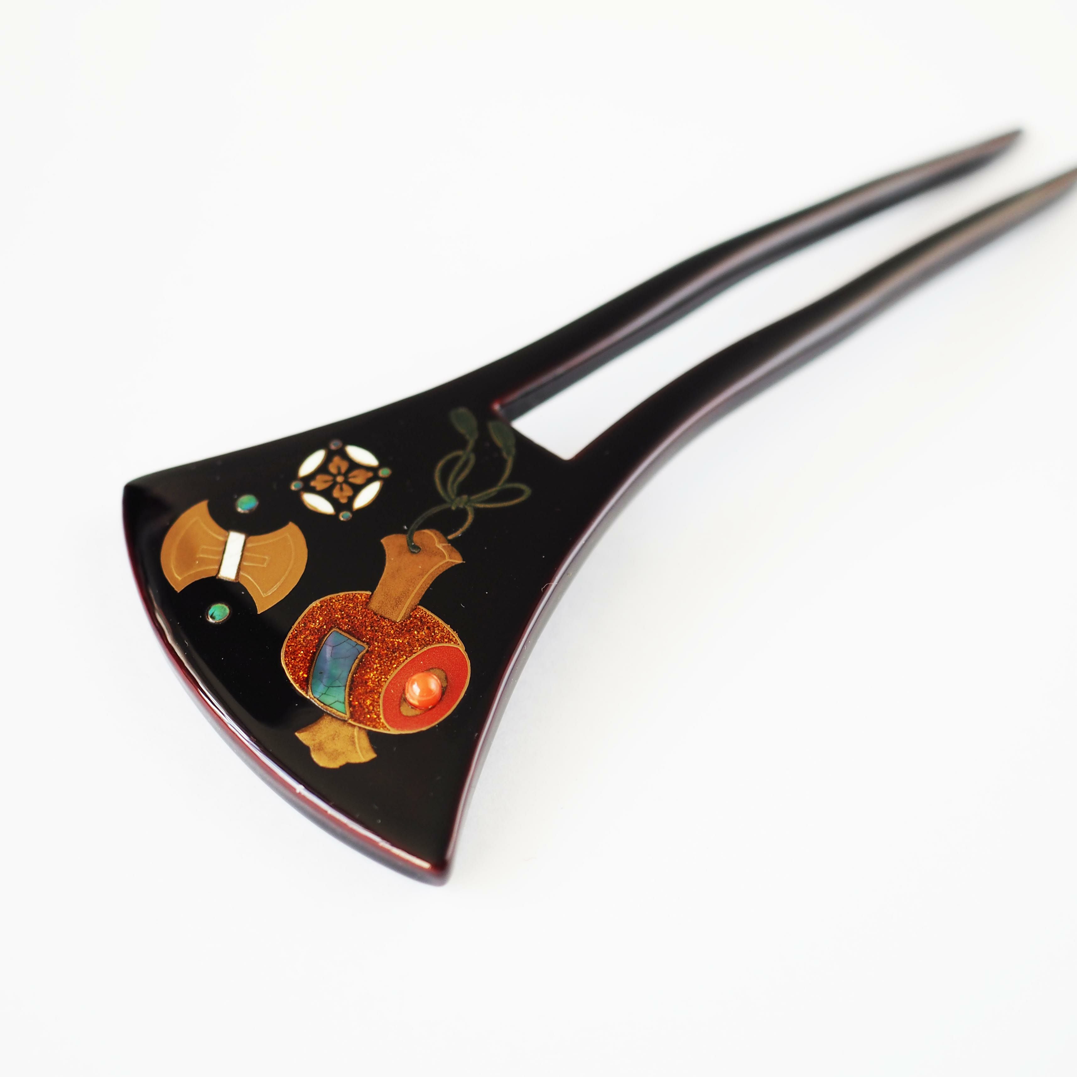 本漆純金蒔絵螺鈿かんざし 銀杏ピン 宝尽くし文様 | かづら清老舗