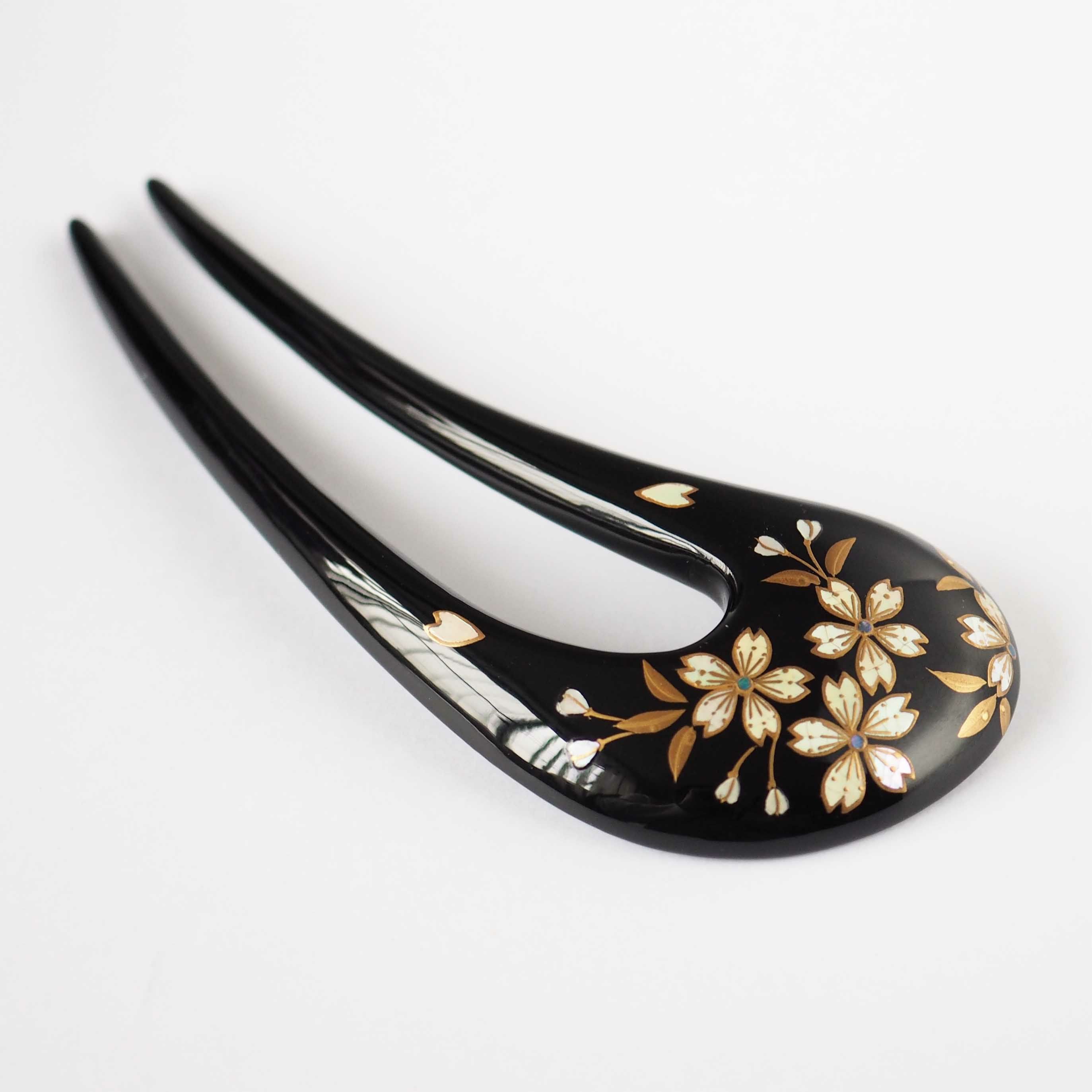 本漆純金蒔絵螺鈿かんざし 波型ピン（中） 胡蝶蘭文様 葉付き （黒