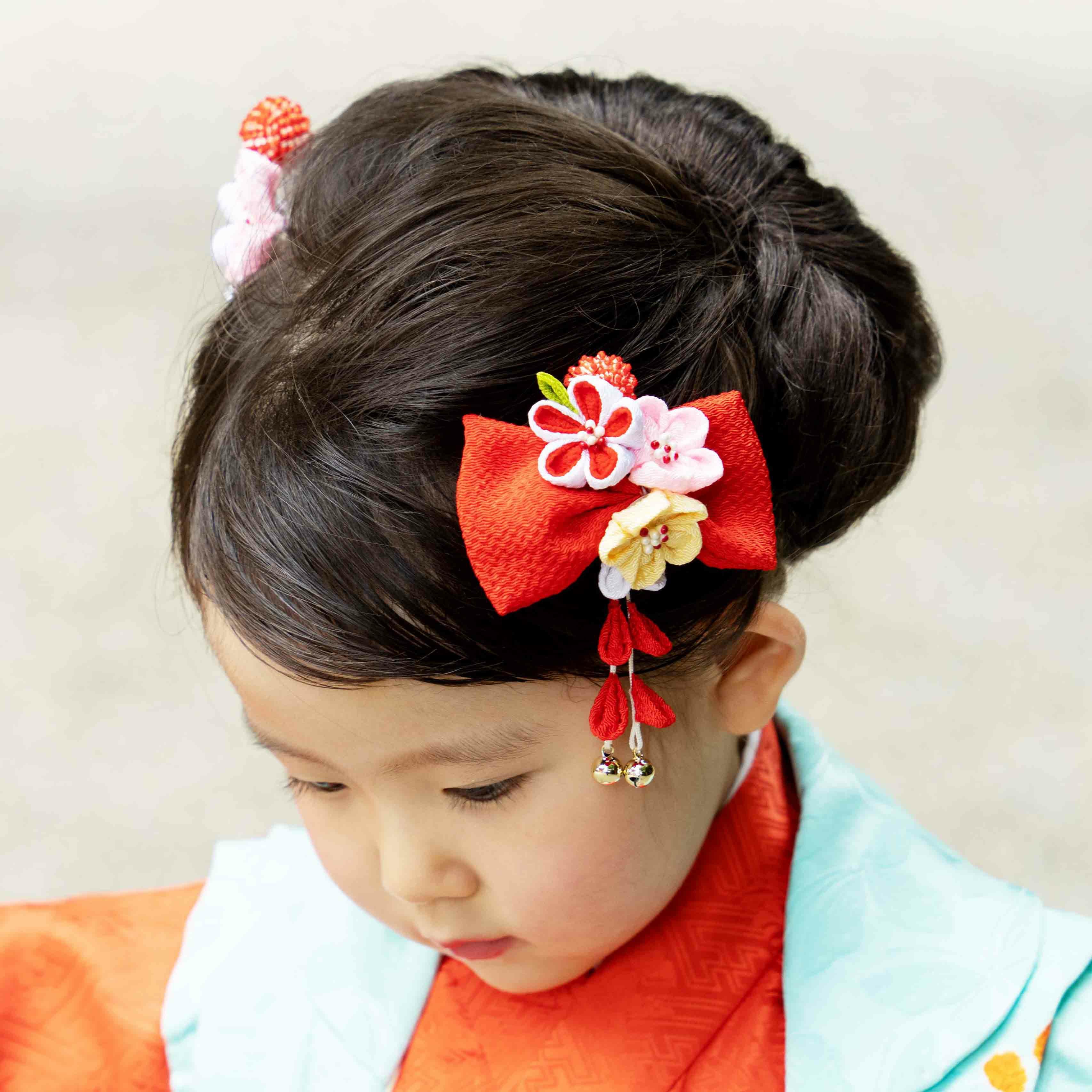 七五三用髪飾り 三輪梅リボンと梅二輪パッチン留めセット | かづら清