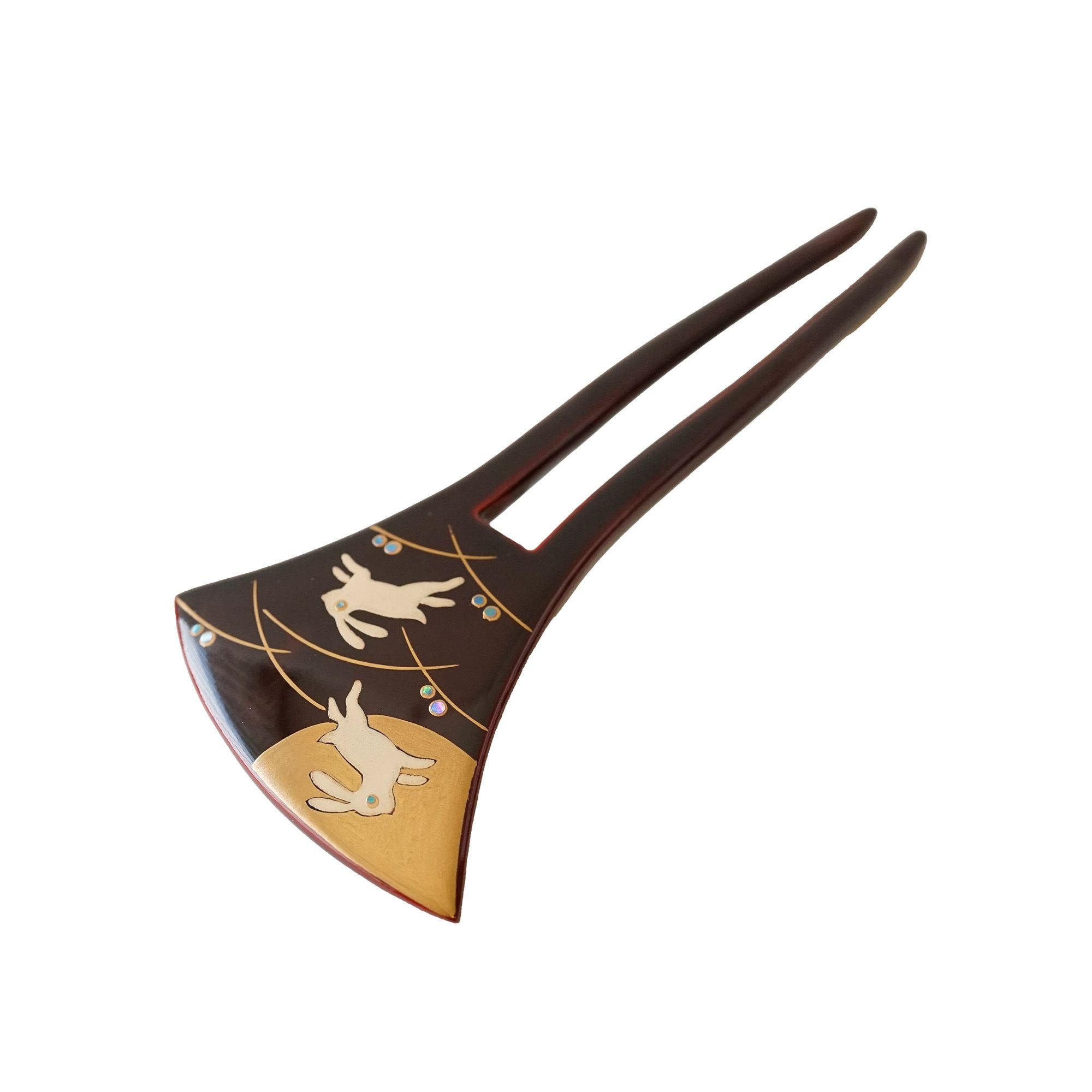 本漆純金蒔絵螺鈿かんざし 銀杏ピン 月うさぎ露芝文様（溜色） | か