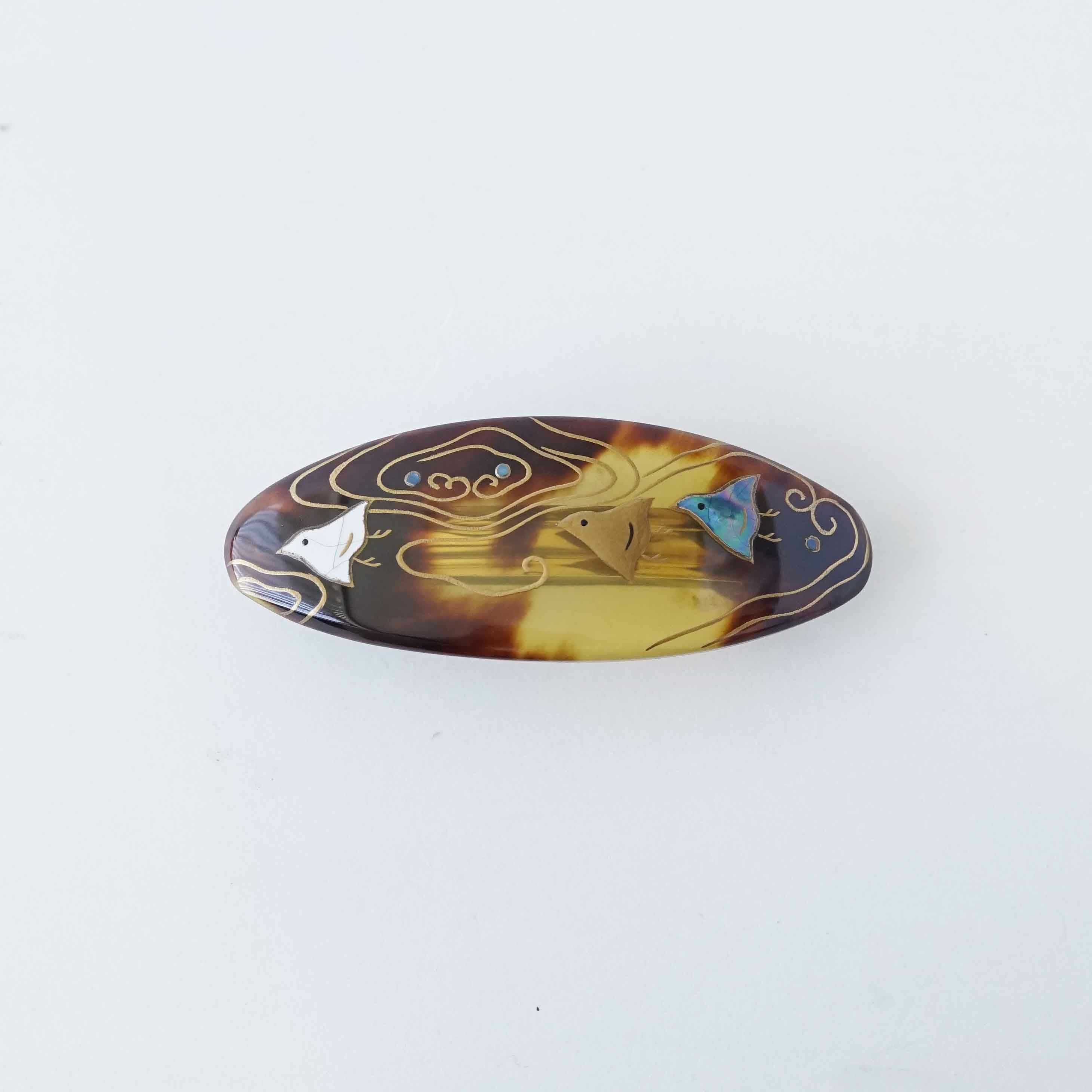 本べっ甲 純金蒔絵螺鈿バレッタ 流水千鳥文様 楕円型 | かづら清老舗