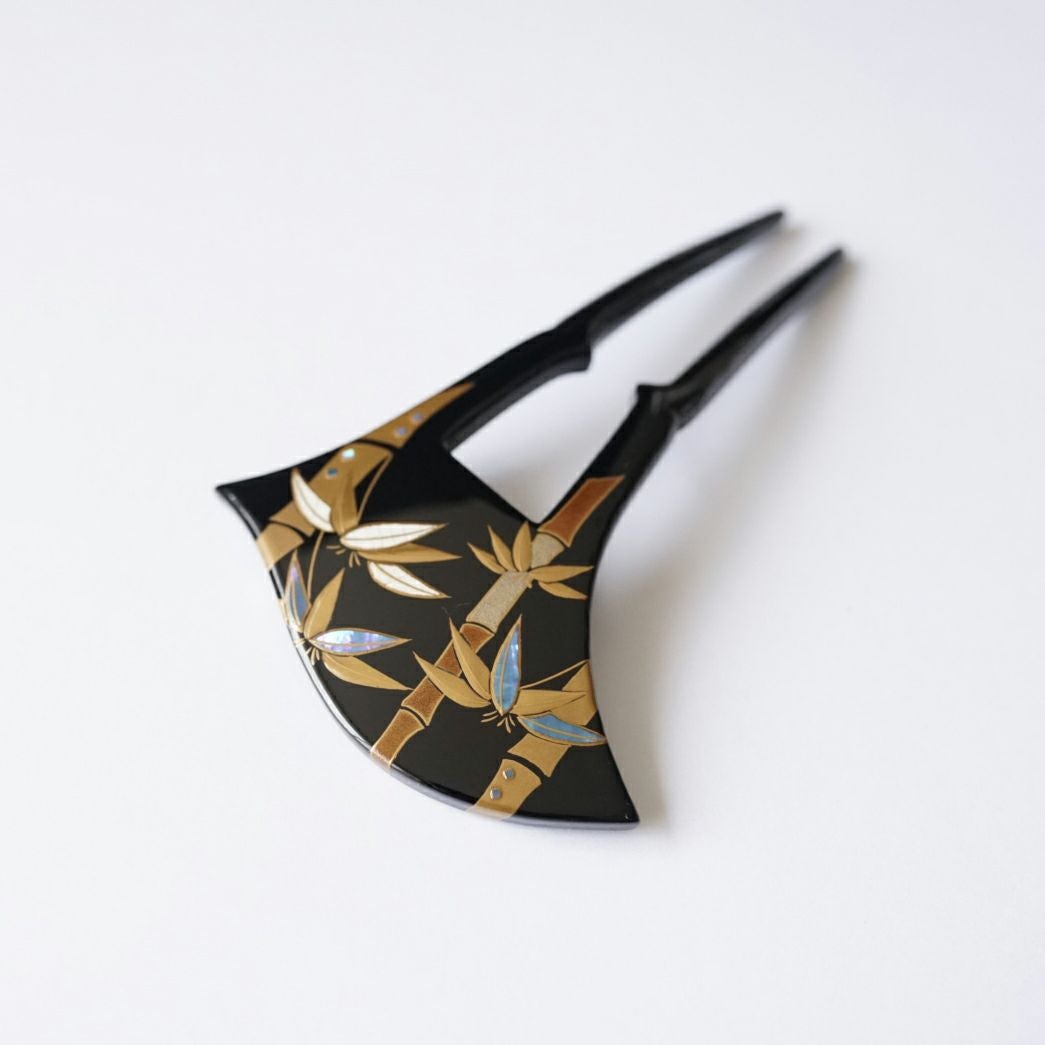 本漆純金蒔絵螺鈿かんざし 波型ピン（中） 竹林文様 | かづら清老舗