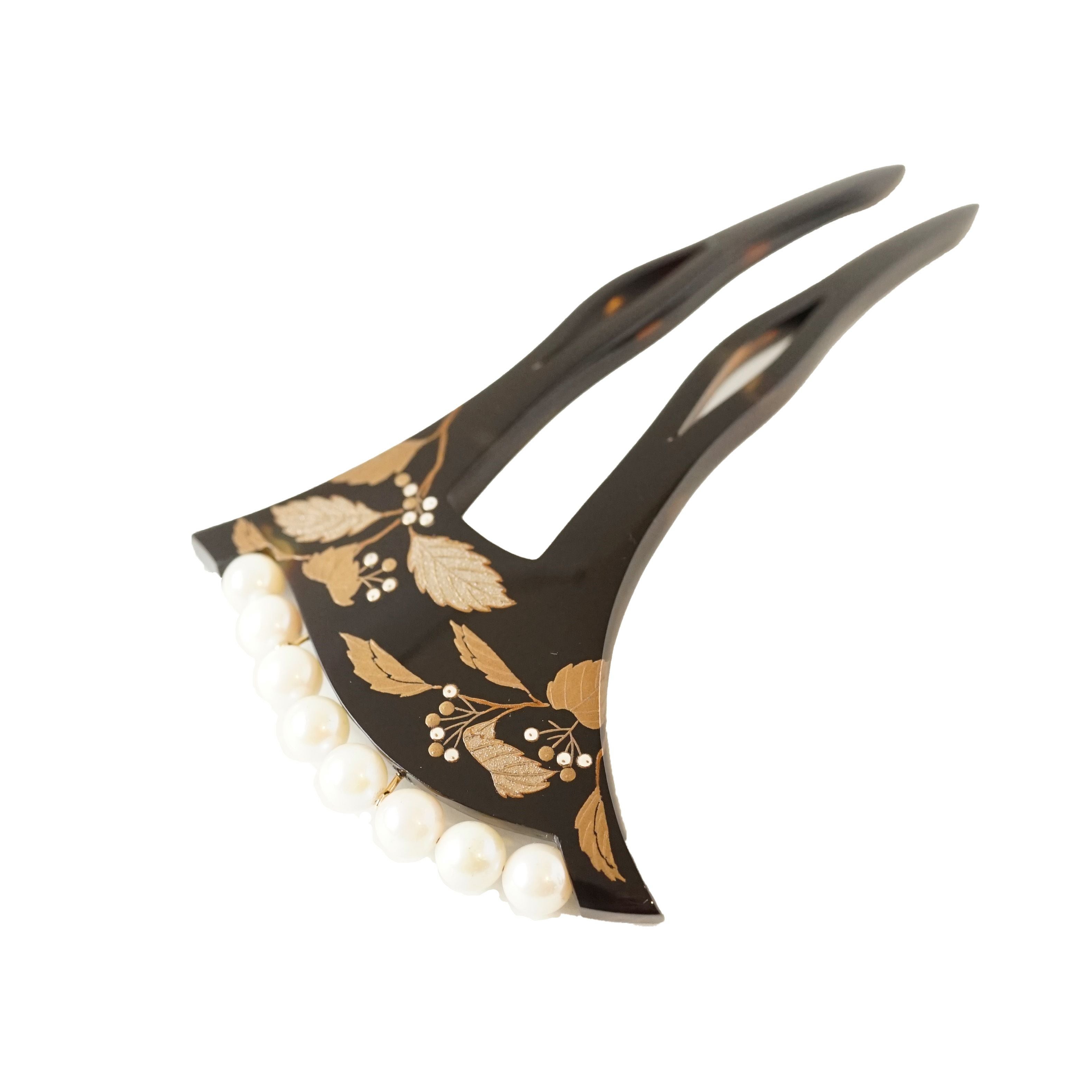 本べっ甲 純金蒔絵螺鈿かんざし 蔦文様（パール付き） | かづら清老舗