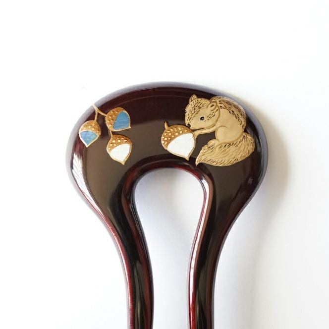 本漆純金蒔絵螺鈿かんざし 幅広輪ピン りすに団栗 | かづら清老舗