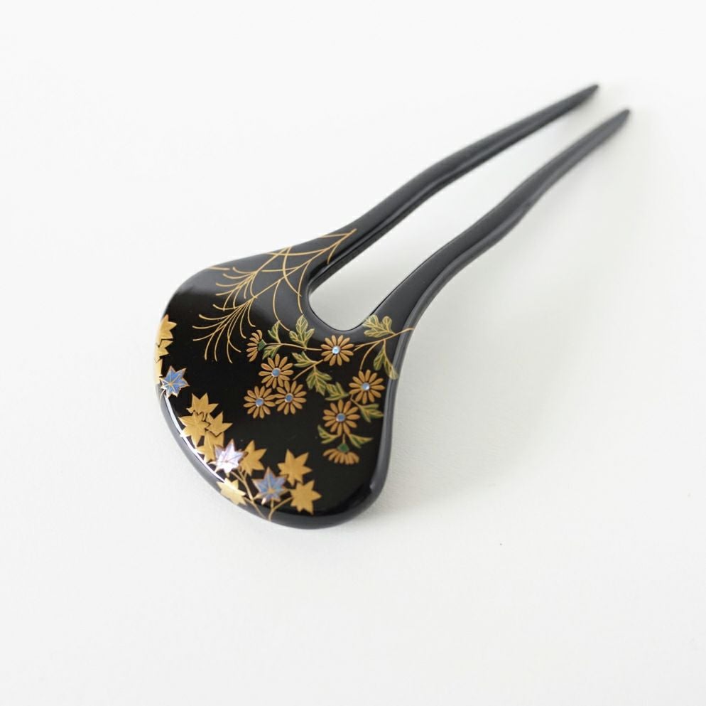 本べっ甲 純金蒔絵螺鈿かんざし ミモザ（琥珀玉付き）ヘラ型 | かづら