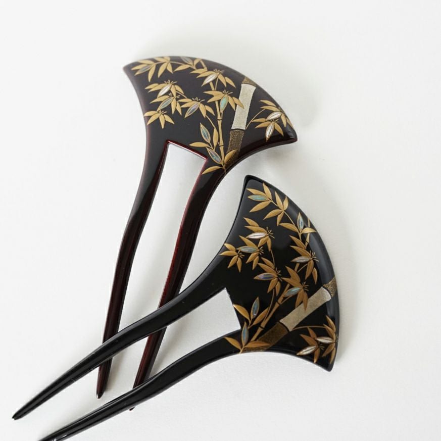 本漆純金蒔絵螺鈿かんざし 波型ピン（大） 竹文様 | かづら清老舗