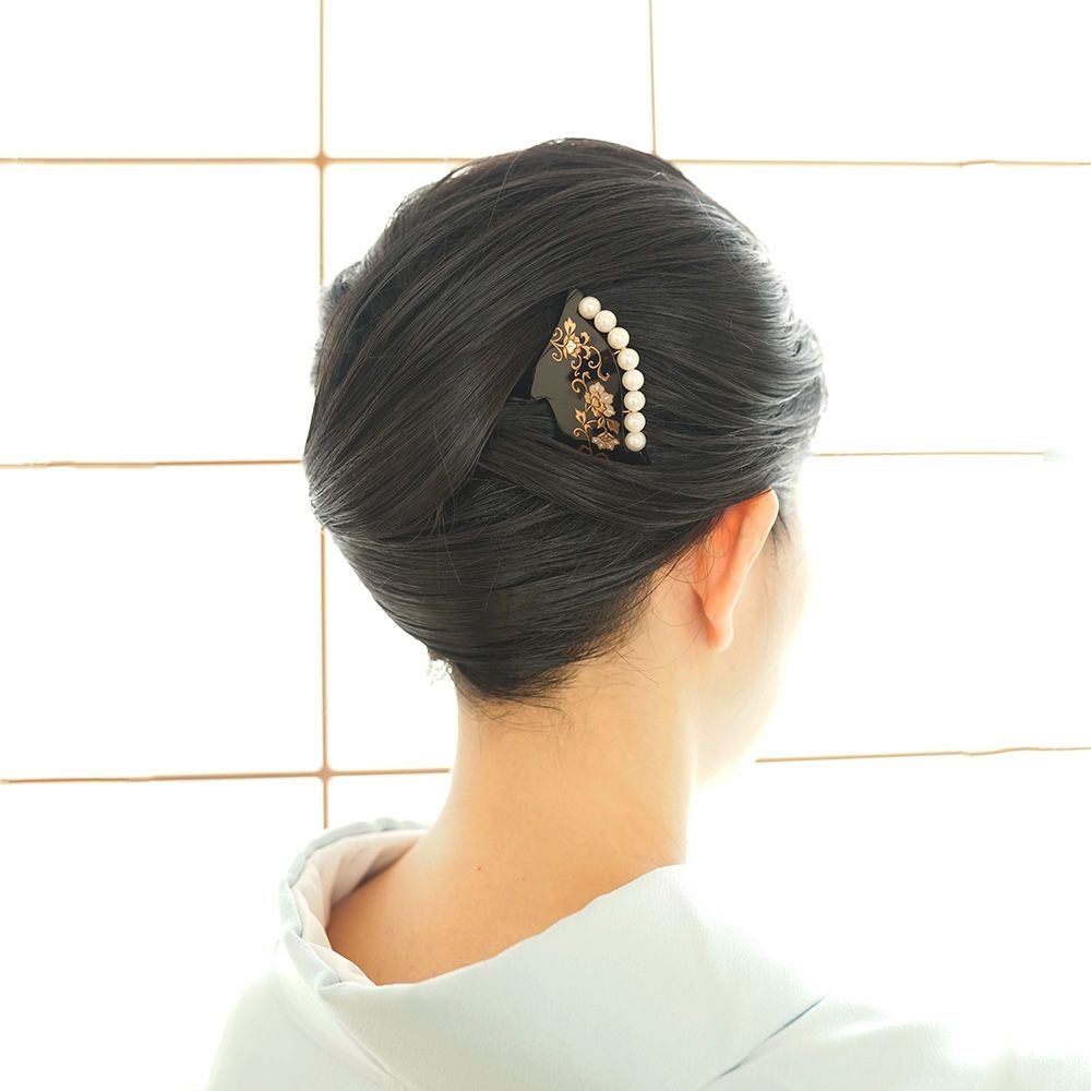 本べっ甲 純金蒔絵螺鈿バレッタ 流水千鳥文様 楕円型 | かづら清老舗