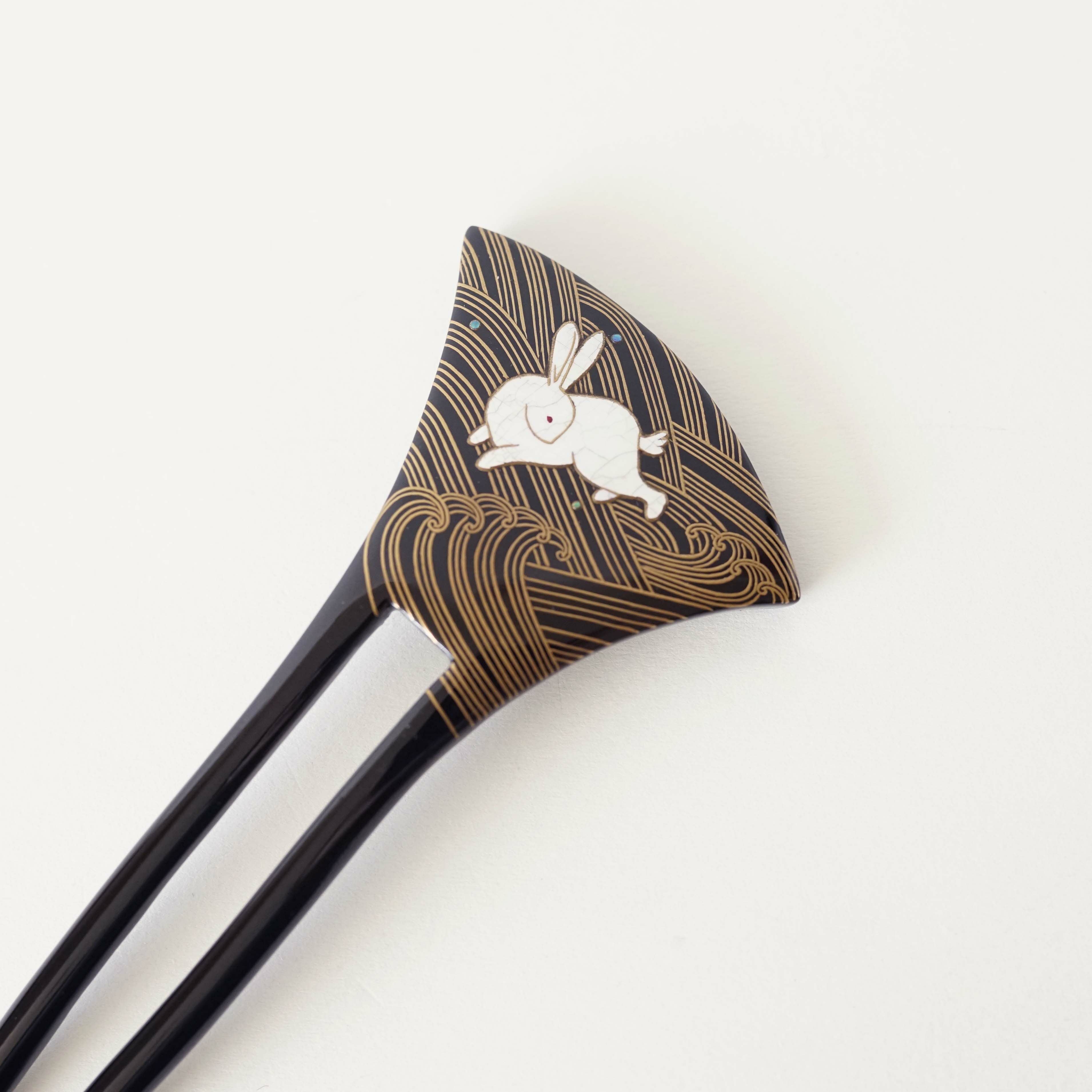 本漆純金蒔絵螺鈿かんざし 銀杏ピン 月うさぎ露芝文様（溜色） | か