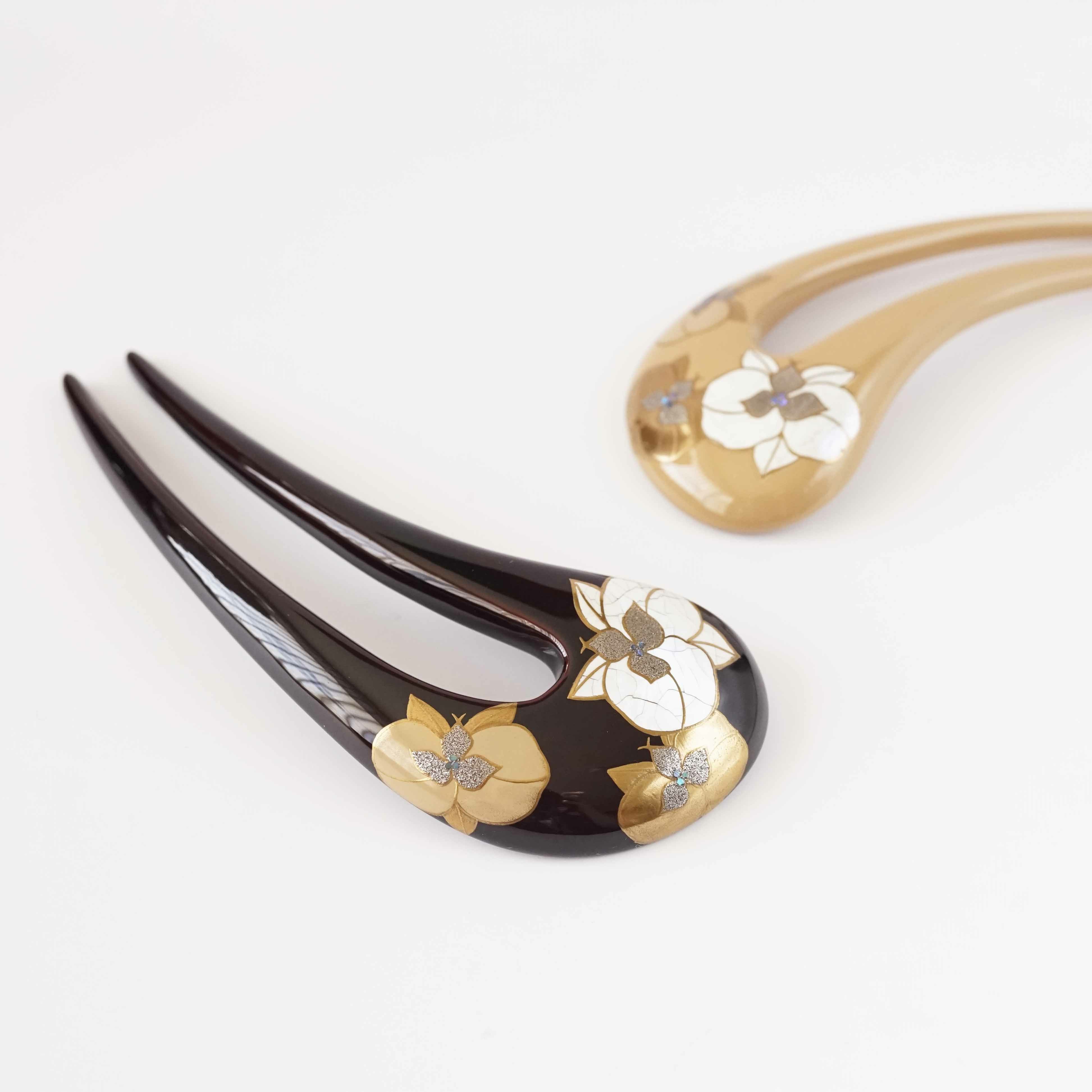 本漆純金蒔絵螺鈿かんざし 変型輪ピン 胡蝶蘭文様 | かづら清老舗