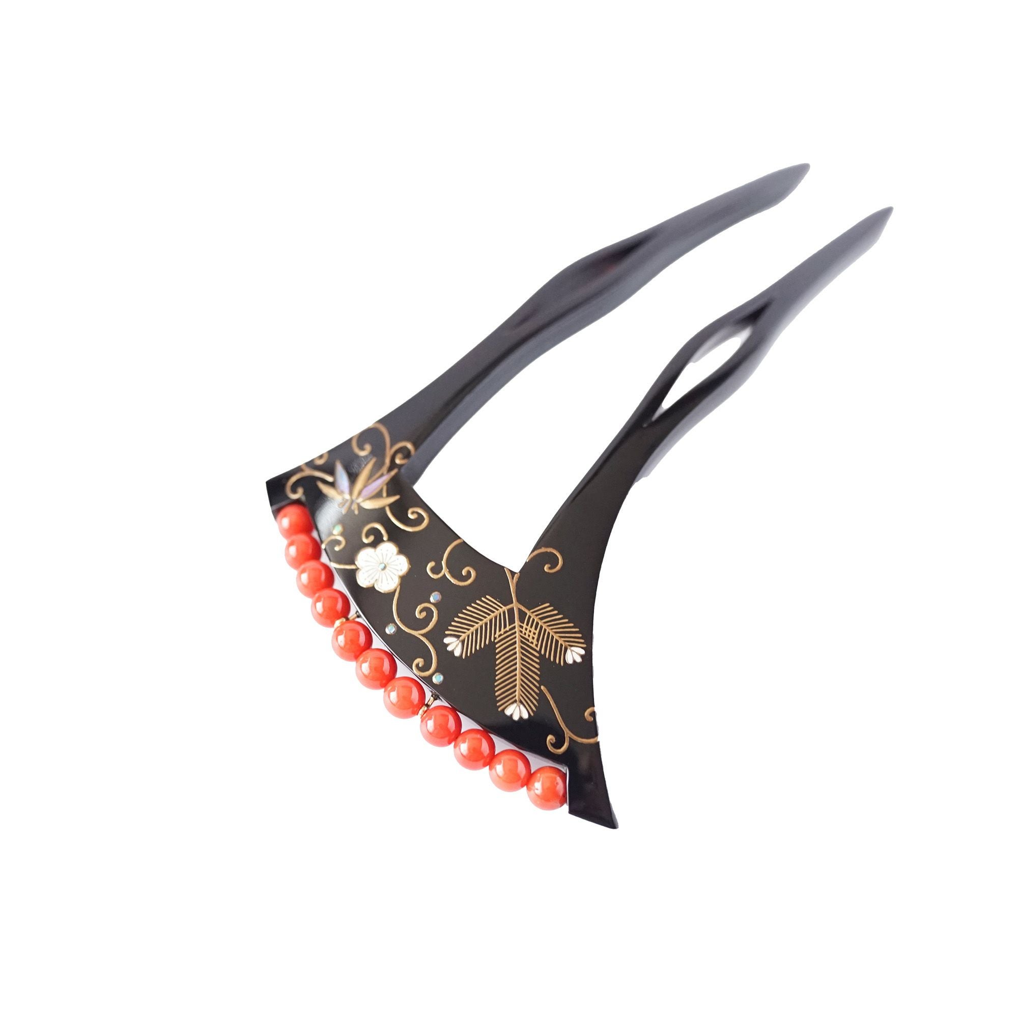 本べっ甲 純金蒔絵螺鈿かんざし 貝合わせ文様（パール付き） | かづら