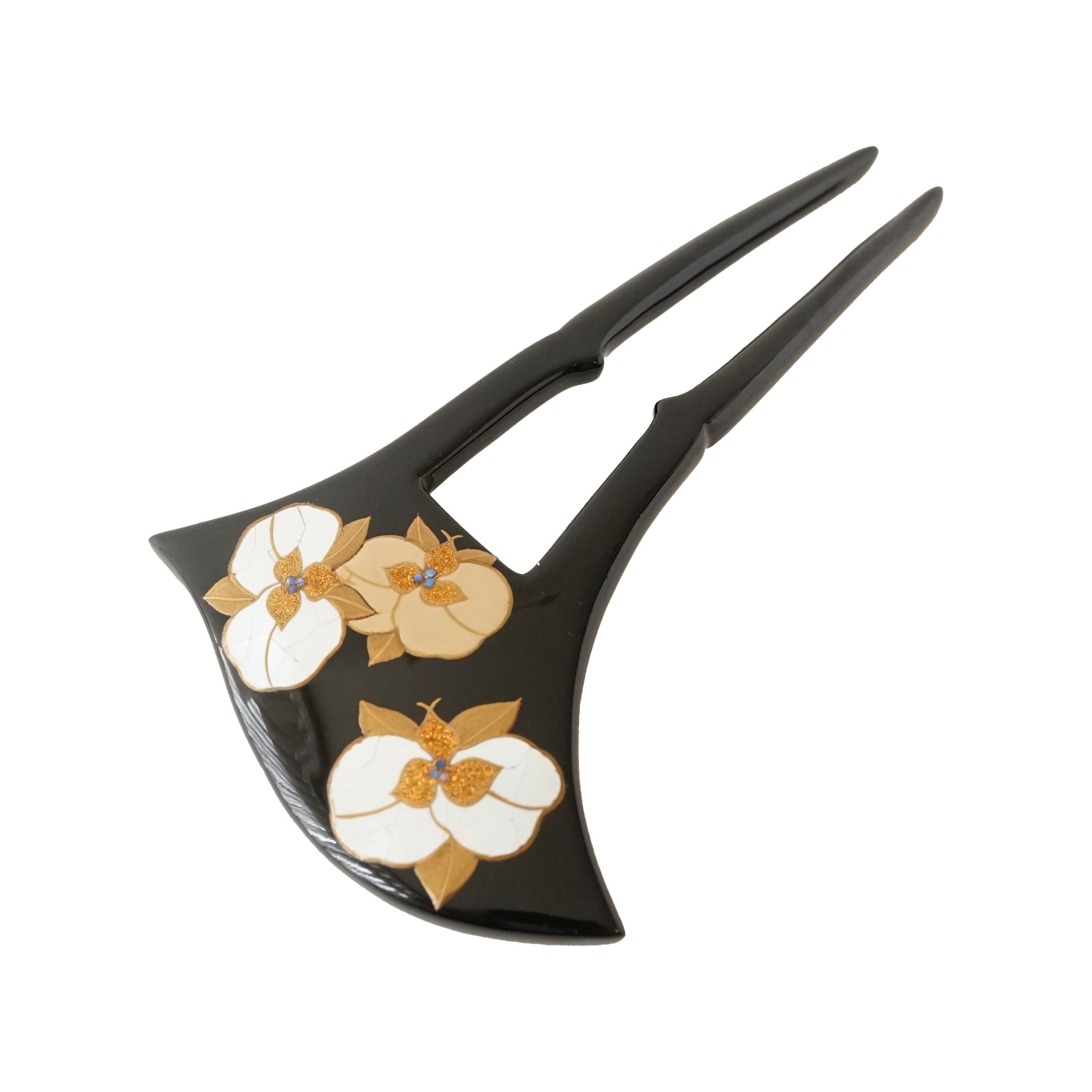 本漆純金蒔絵螺鈿かんざし 変型輪ピン 胡蝶蘭文様 | かづら清老舗