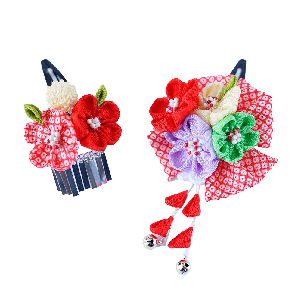 七五三用髪飾り 四輪梅パッチン留めセット（鹿の子リボン）赤紫系 | か