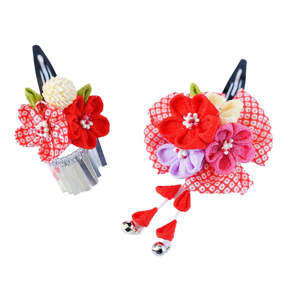 七五三用髪飾り 四輪梅パッチン留めセット（鹿の子リボン）赤ピンク系