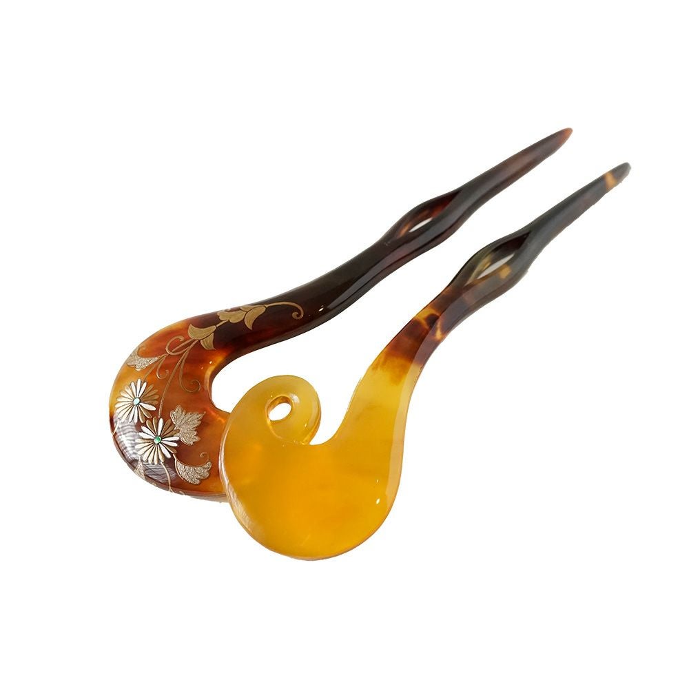 本べっ甲 純金蒔絵螺鈿かんざし 波型 ガマズミ（白甲） | かづら清老舗