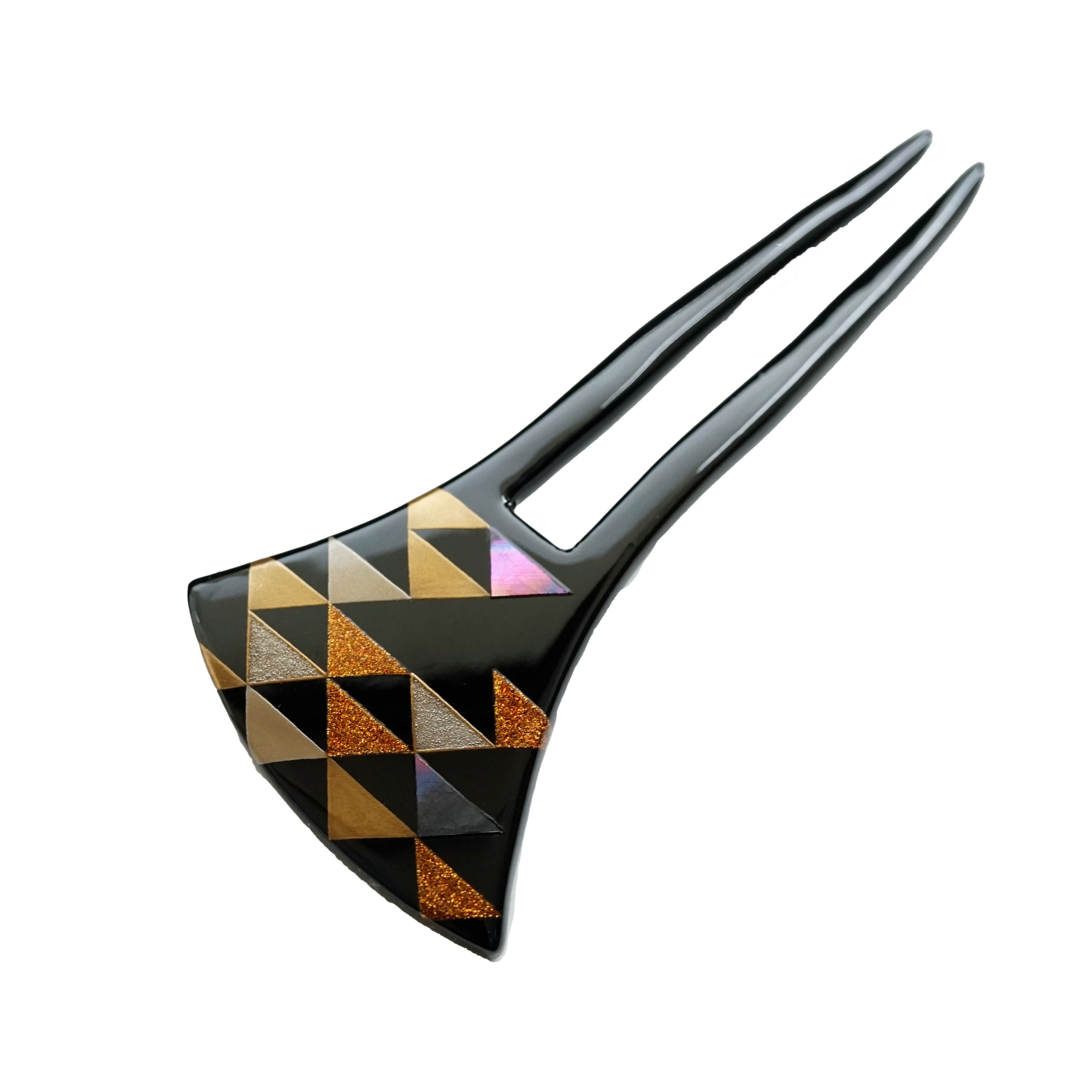 本漆純金蒔絵螺鈿かんざし 波型ピン（中） 鳳凰に菊唐草文様（黒色