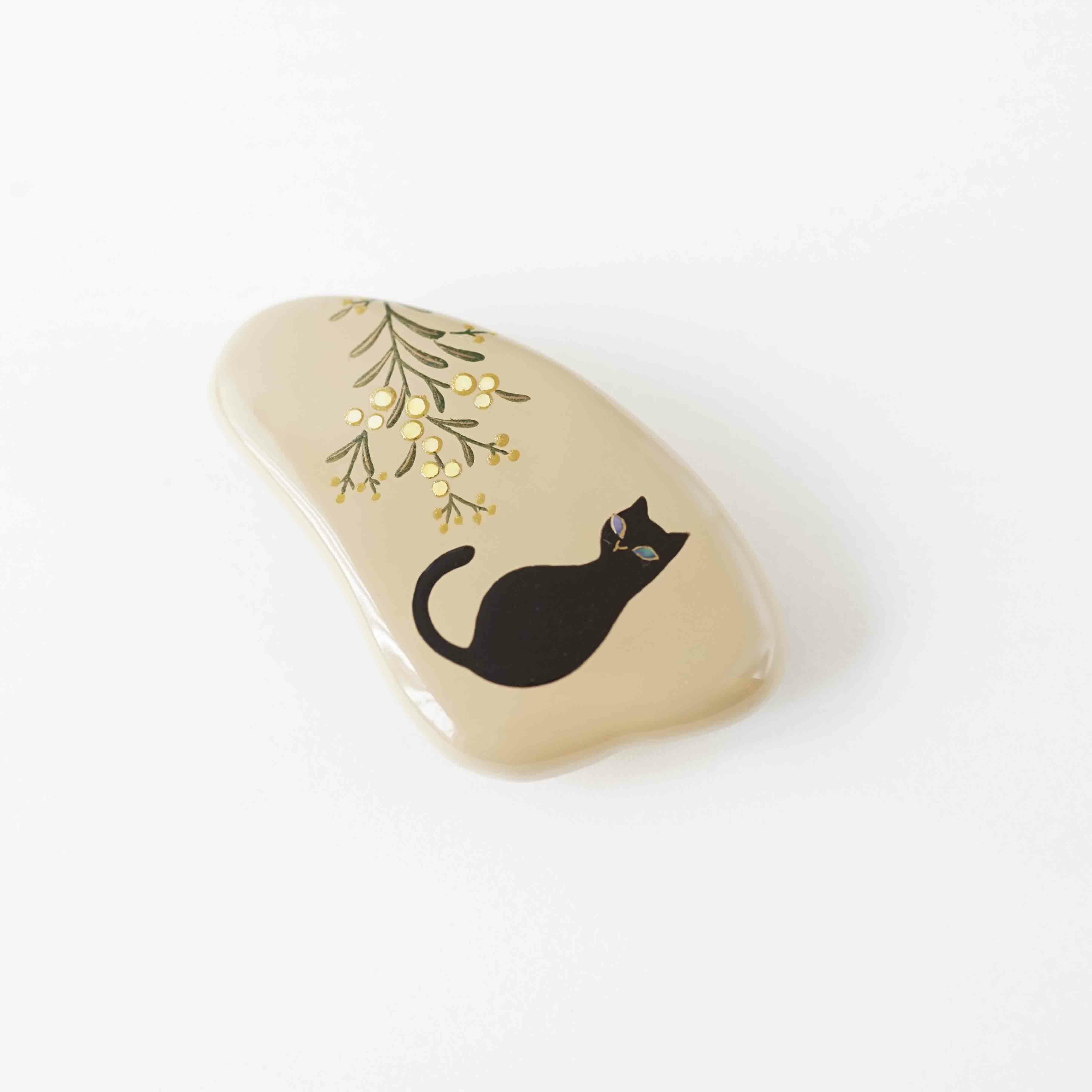 本漆純金蒔絵螺鈿 バレッタ （ミモザに黒猫）白漆 | かづら清老舗