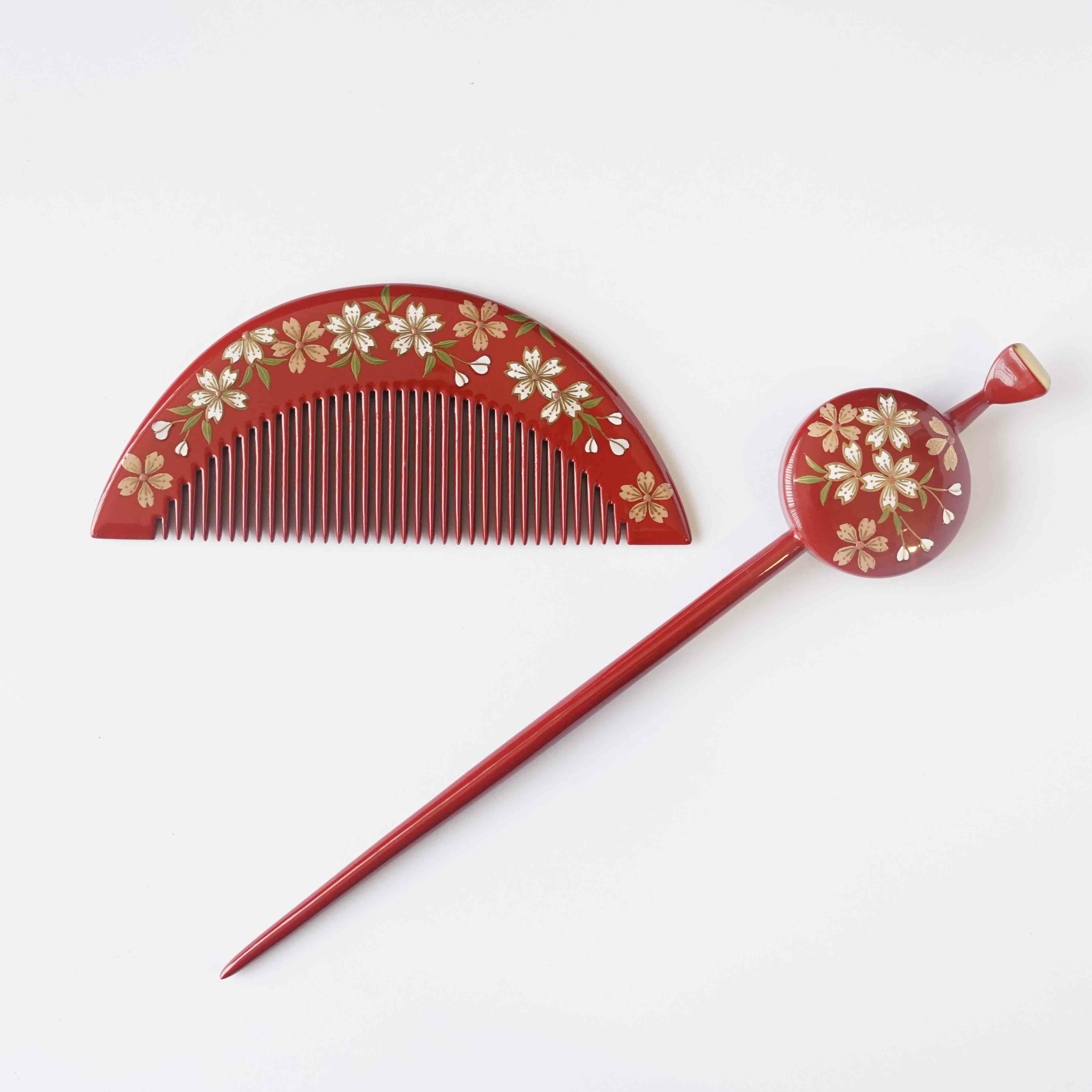 本漆純金蒔絵螺鈿 櫛・平打ちセット 桜文様（朱） | かづら清老舗