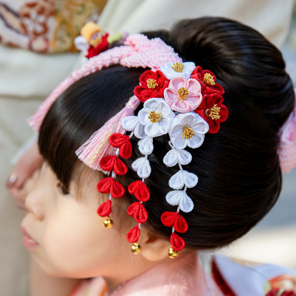 七五三髪飾り 二重梅 勝山三点セット（オレンジ） | かづら清老舗