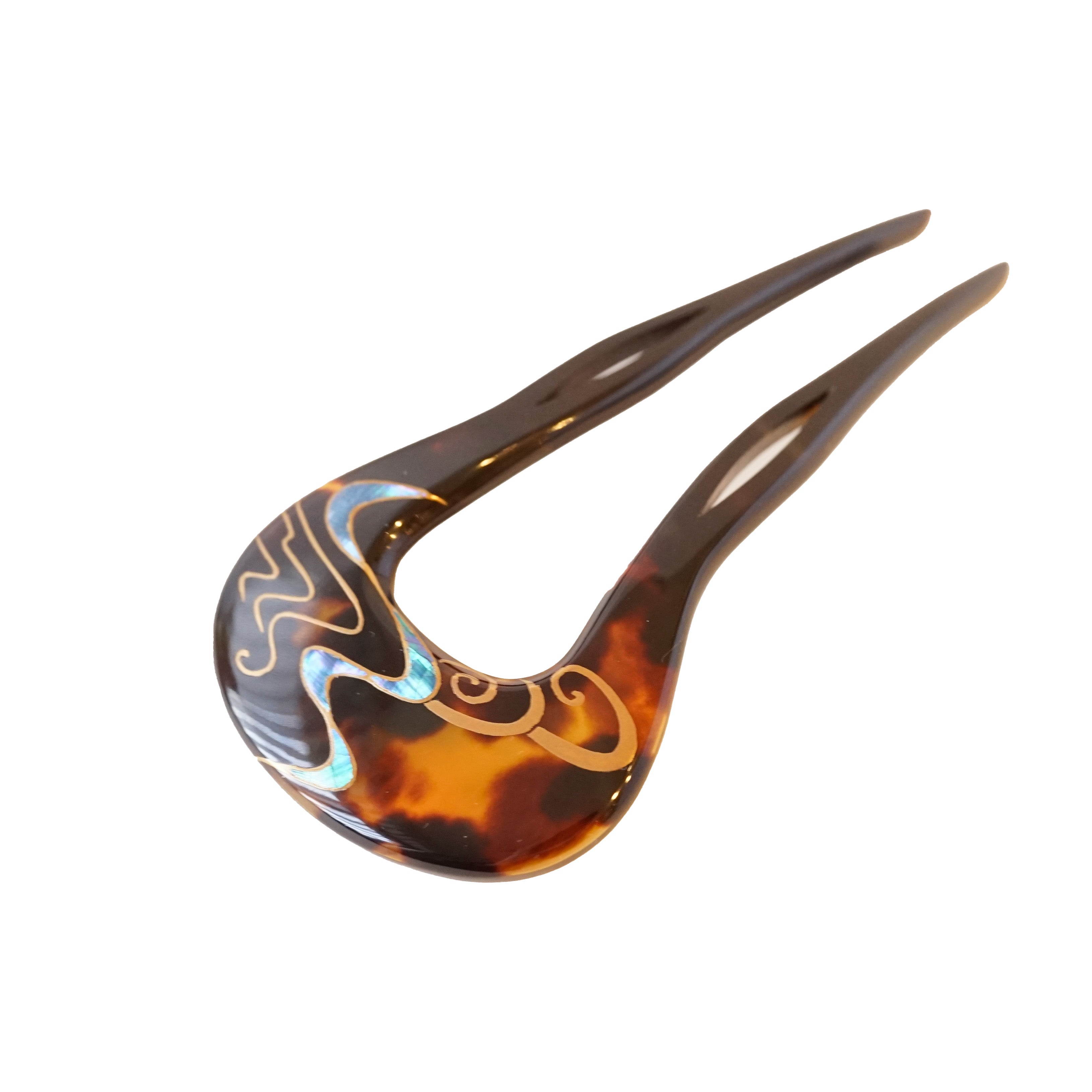 本べっ甲 純金蒔絵螺鈿かんざし 波型 ガマズミ（白甲） | かづら清老舗