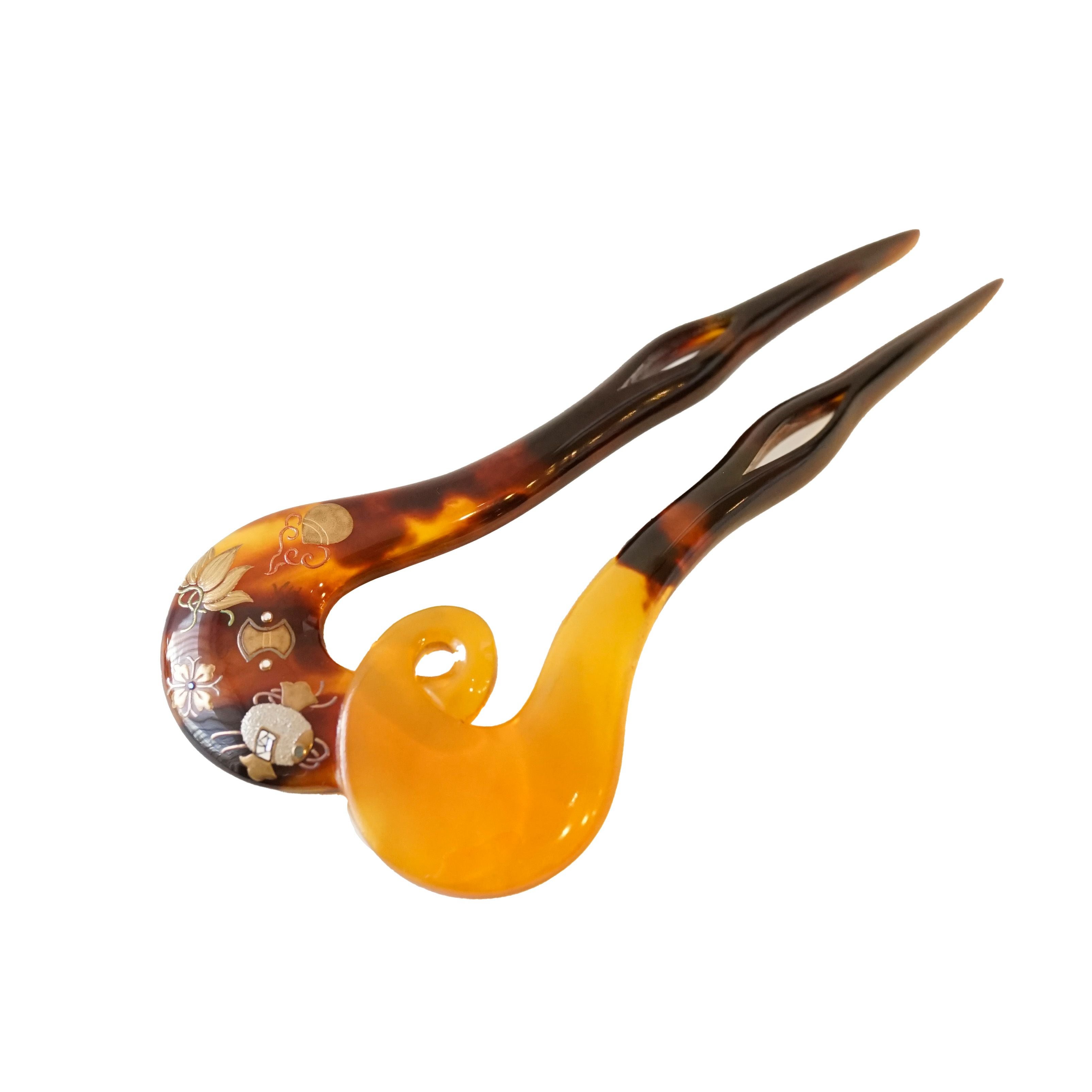 本べっ甲 純金蒔絵螺鈿かんざし モダン蒔絵（透かし彫りダイヤ） 大