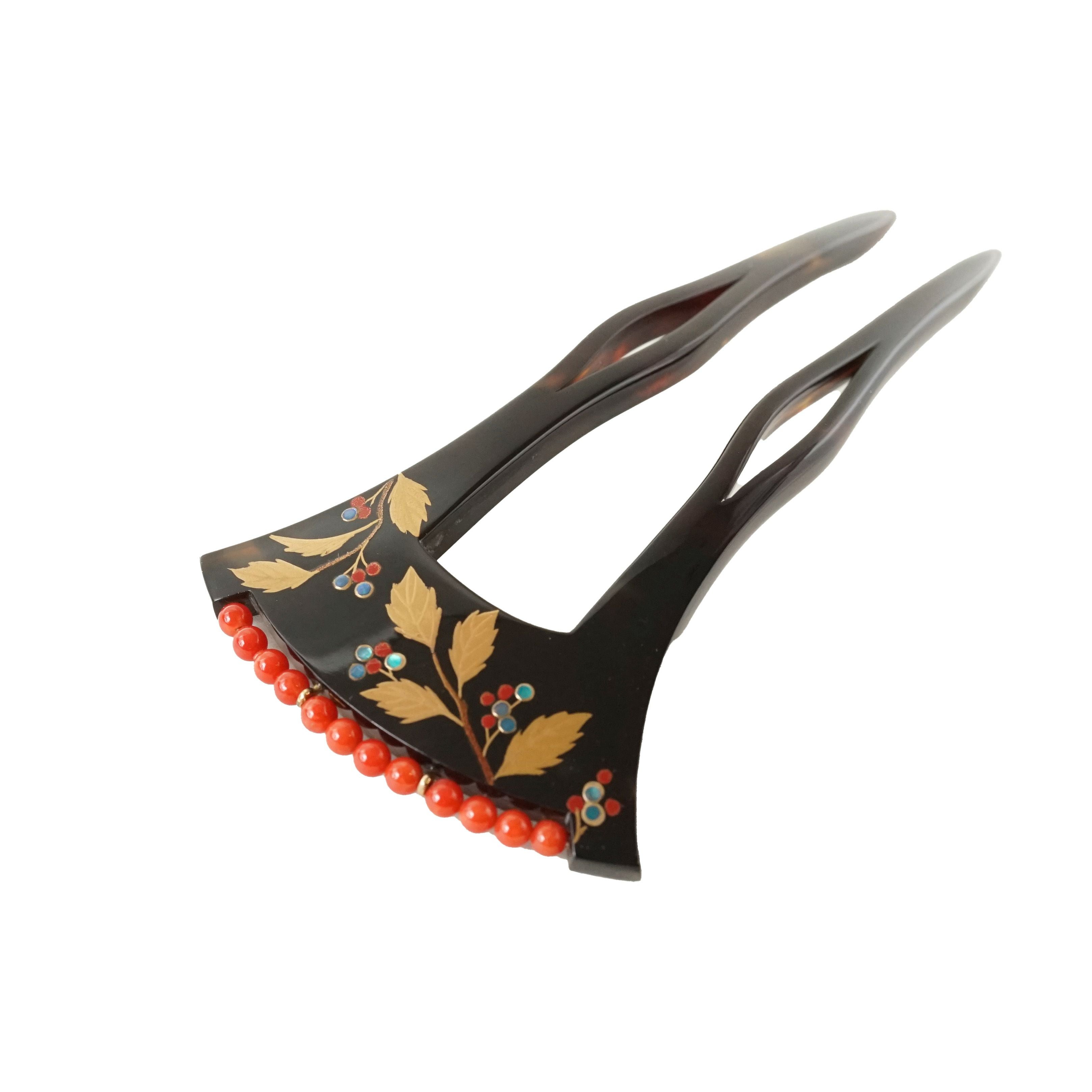 本べっ甲 純金蒔絵螺鈿かんざし 貝合わせ文様（パール付き） | かづら