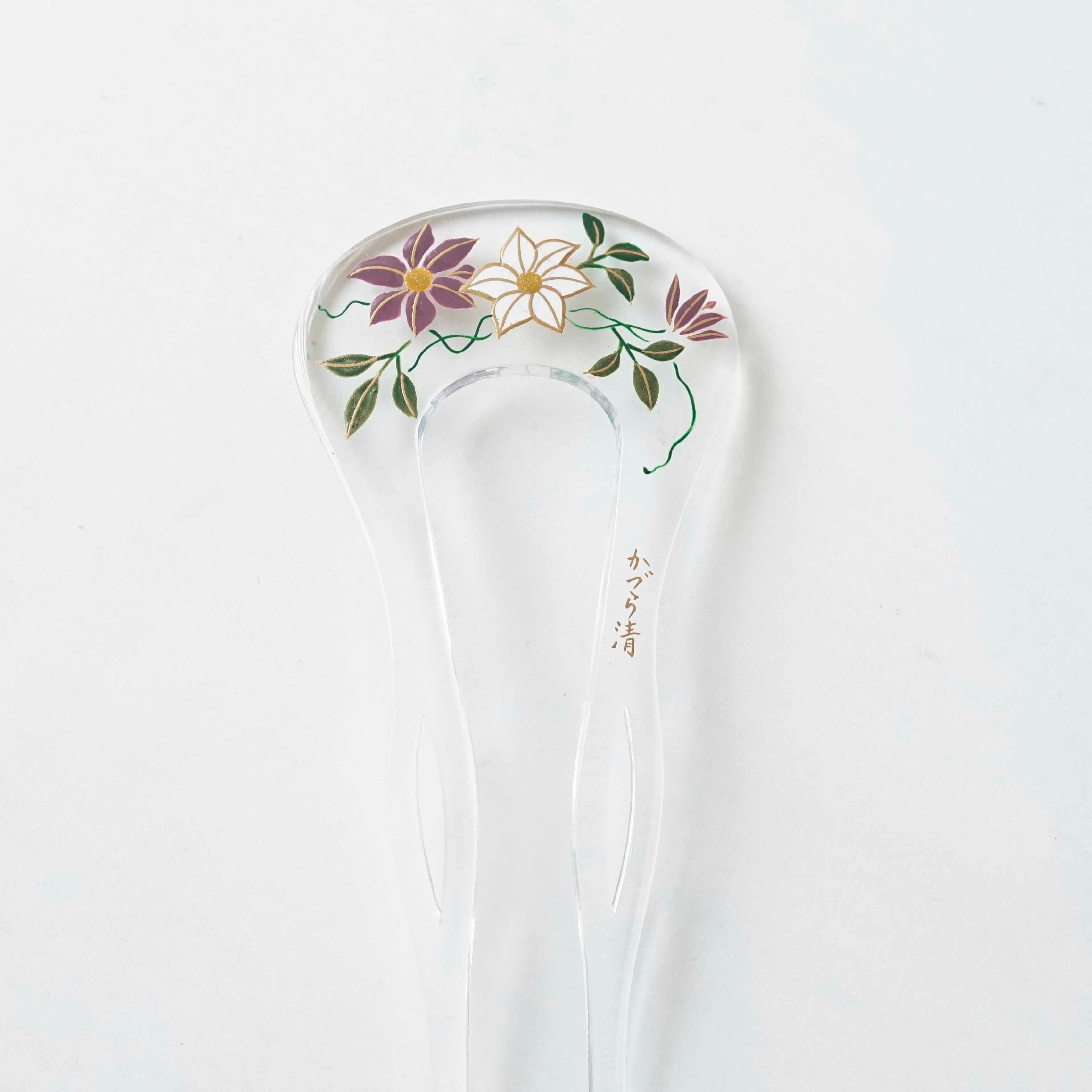 アクリル（透明）本蒔絵かんざし（輪ピン） 鉄線 | かづら清老舗